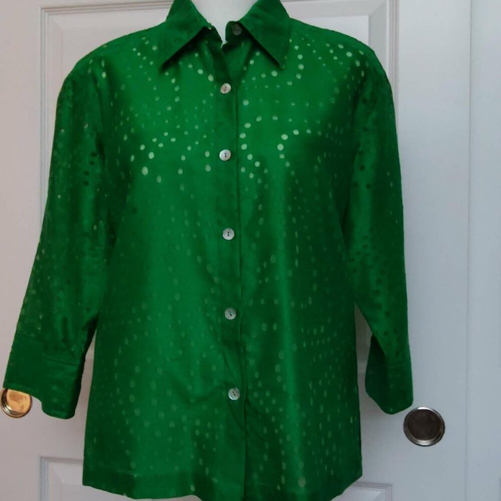 Choices Bright Green abstract linen burnout blouse, 3 quarter sleeves, size S